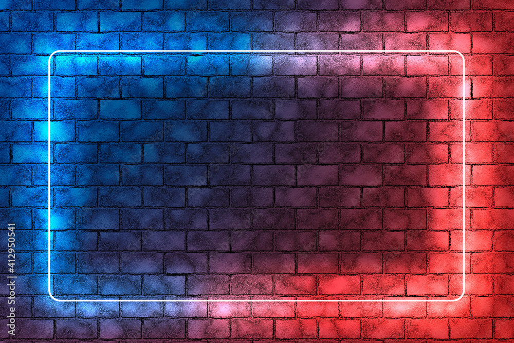Red and blue neon light frame on brick wall background. Dark empty room. Red and blue neon light frame on brick wall background. Dark empty room.