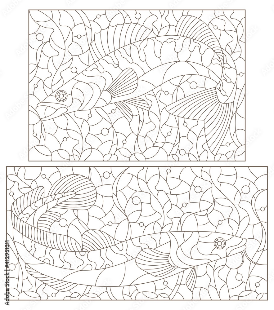 A set of contour illustrations in the stained glass style with abstract fishes on a background of algae, dark contours on a white background