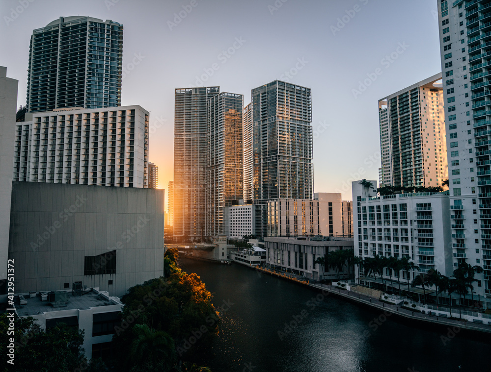 city panorama towers river palms buildings skyscrapers sun sunrise brickell miami florida 