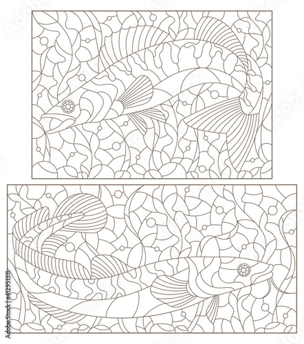 A set of contour illustrations in the stained glass style with abstract fishes on a background of algae, dark contours on a white background