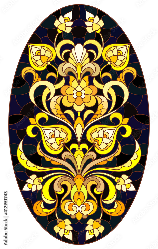 Illustration in stained glass style with floral ornament ,imitation gold on dark background with swirls and floral motif, vertical orientation, oval image Illustration in stained glass style with floral ornament ,imitation gold on dark background with swirls and floral motif, vertical orientation, oval image