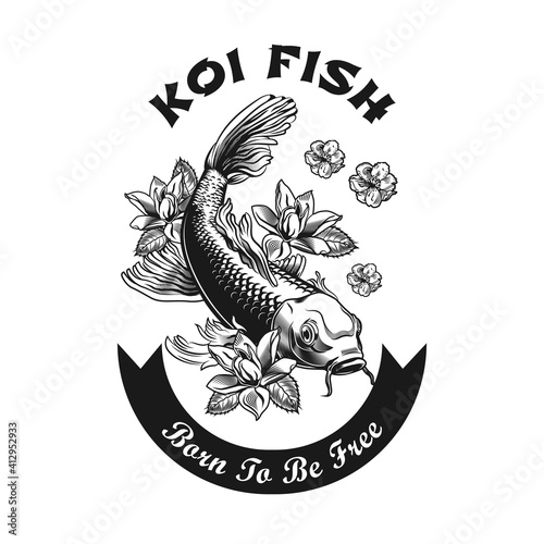 Koi carp tattoo design. Monochrome element with fish and flowers vector illustration with text. Asian wildlife or animal concept for symbols and labels templates