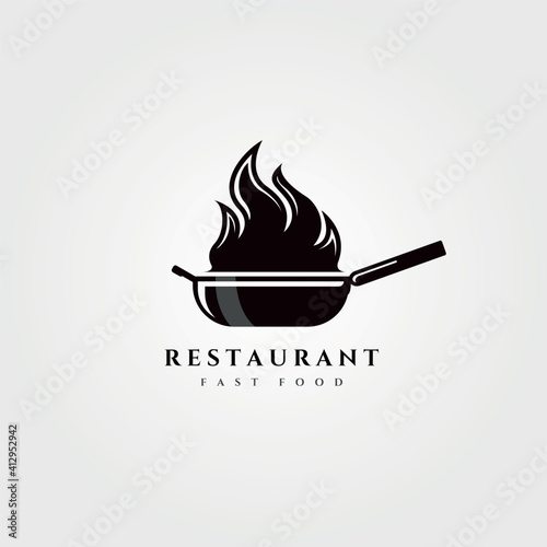 fire wok pan logo vector vintage restaurant symbol illustration design