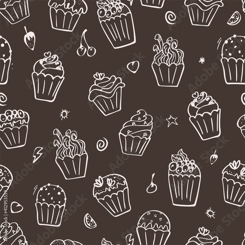 Black and white cupcakes seamless pattern. Hand drawn muffins background. Great for coloring book, wrapping, printing. Vector illustration