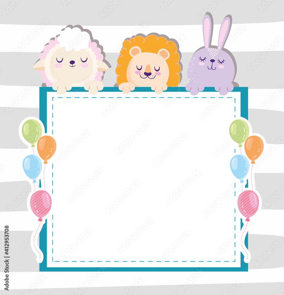 Baby shower sheep lion and rabbit with balloons and banner Baby shower sheep lion and rabbit with balloons and banner