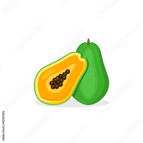 Papaya fruit, whole fruit and half Vector illustration, cartoon flat icon isolated on white