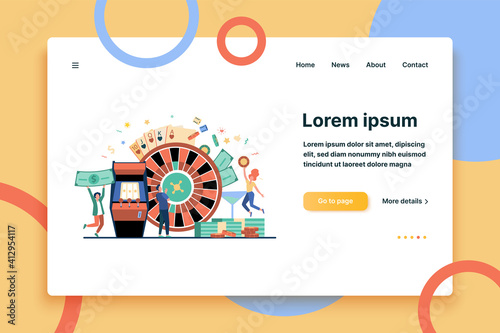 People playing poker and winning money. Gamblers with roulette, slot machine, and chips. Vector illustration for online casino, poker club, blackjack, gambling concepts