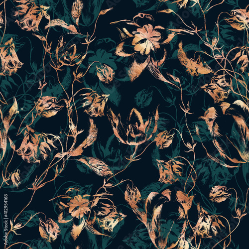 Artistic Floral Seamless Print Design. Textile repeat raport