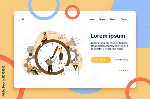 Managers adjusting clock hands. People using laptops, working on project together flat vector illustration. Time management, deadline concept for banner, website design or landing web page