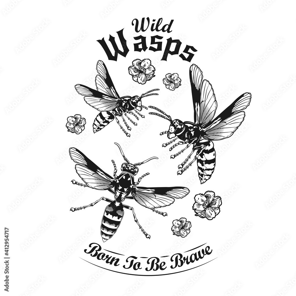 Engraving flying wild wasps tattoo vector illustration. Vintage wasps ...