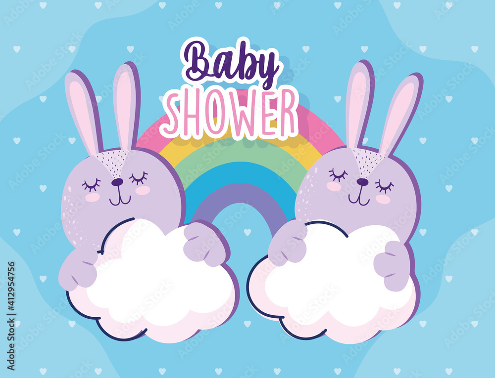 Baby shower cute bunnies rainbow and clouds celebration
