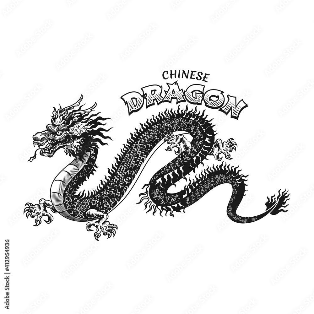 Obraz premium Chinese dragon tattoo design. Monochrome element with mythical monster vector illustration with text. China or Asian culture concept for symbols and labels templates