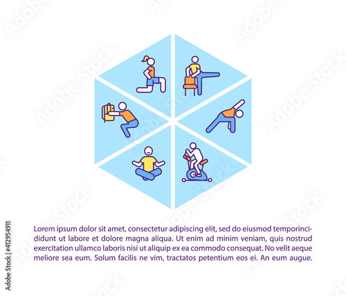 Home fitness concept icon with text. Getting proffesional equipment to exersice in own home PPT page vector template. Brochure, magazine, booklet design element with linear illustrations