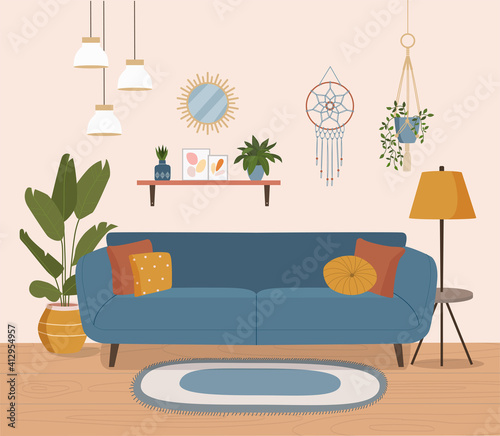 Furniture: sofa, bookcase, picture, plants. Living room interior. Flat style vector illustration.