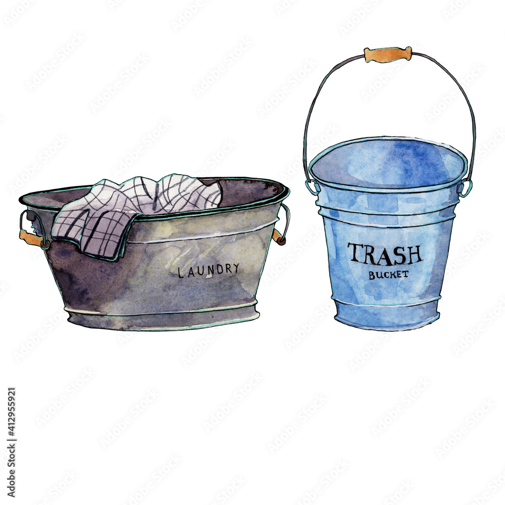 laundry basket and trash bucket watercolor illustration old fashioned
