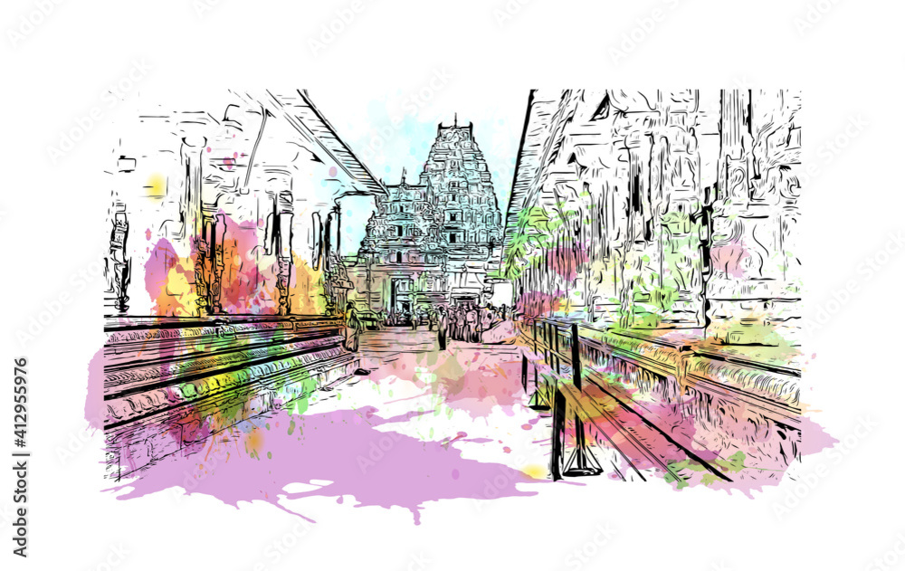Building view with landmark of South India is the
region in India. Watercolour splash with hand drawn sketch illustration in vector.