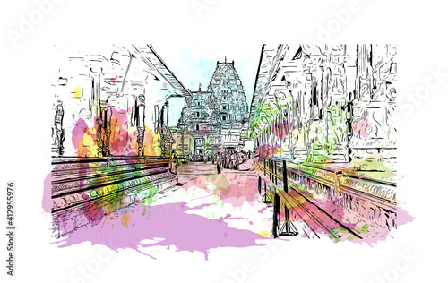 Obraz na płótnie Building view with landmark of South India is the
region in India. Watercolour splash with hand drawn sketch illustration in vector. w salonie