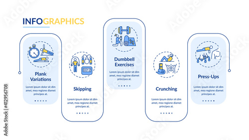 Best at home exercising vector infographic template. Plank, crunching, press-up presentation design elements. Data visualization with 5 steps. Process timeline chart. Workflow layout with linear icons