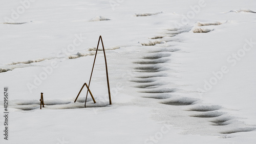 A chain of footprints on the ice of a winter lake