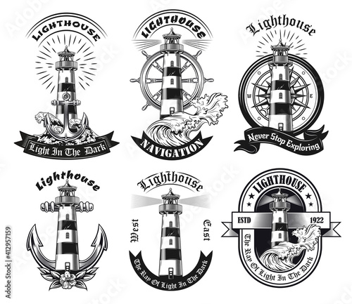 Monochrome emblems with lighthouse vector illustration set. Vintage stickers of tower with beacon light in sea. Guiding ships and navigation concept can be used for stickers and badges