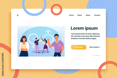 Man and woman giving high five. Male and female characters with gender symbols and equal marks. Vector illustration for equality, discrimination, diversity concept