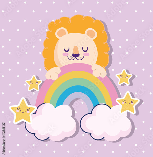 Baby shower adorable lion rainbow and stars cartoon