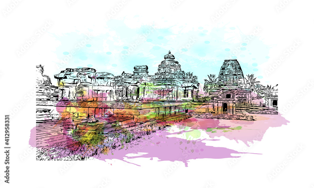 Building view with landmark of South India is the
region in India. Watercolour splash with hand drawn sketch illustration in vector.