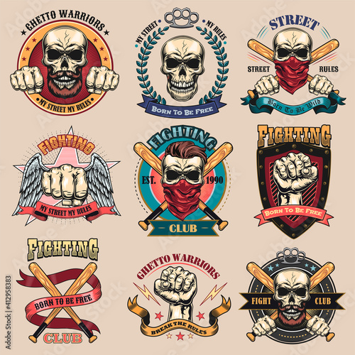 Vintage gangsta tattoo flat emblems set. Black monochrome labels or signs for street gangs with skulls, guns and fist vector illustration collection. Fighting club and aggression concept
