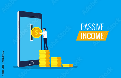 Passive income from online concept. Businessman taking money from smartphone.