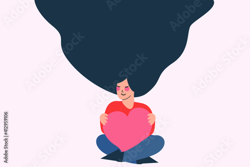 Young female character holds and hugs a big heart. Girl with wavy long hair care a pink heart with care and love while sitting. Woman love and self acceptance concept. Flat vector illustration.  