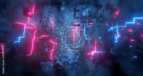 Fototapeta Naklejka Na Ścianę i Meble -  Abstract neon tech background. Glowing neon circuit. cyberpunk blocks. Block chain data network. 3d render