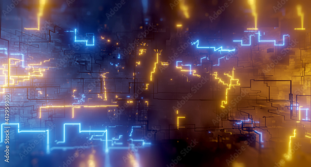Glowing electronics lines with circuit structure. Holographic tech background. 3D render
