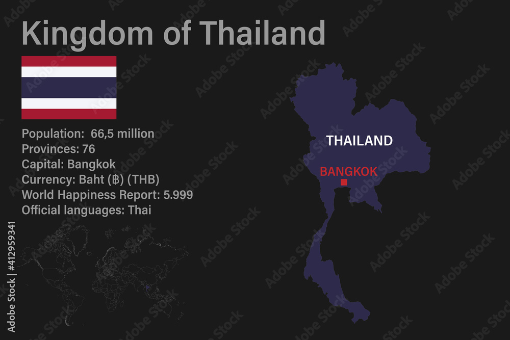 Highly detailed Thailand map with flag, capital and small map of the world Highly detailed Thailand map with flag, capital and small map of the world