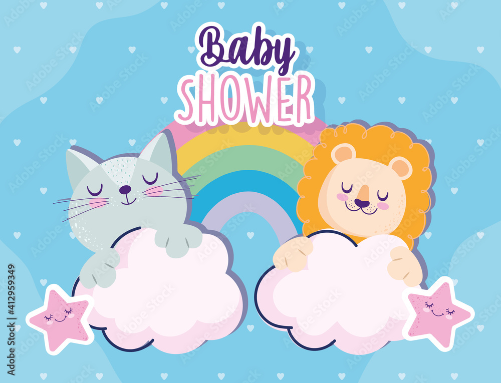 Baby shower cute lion cat rainbow and star cartoon