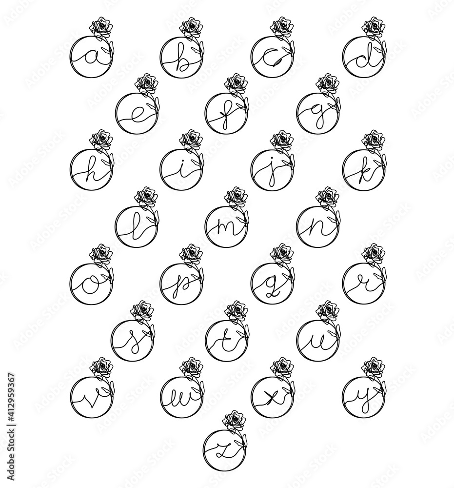English alphabet letters on rose frame. Continuous one line drawing. Minimalist design style. Vector illustration. English alphabet letters on rose frame. Continuous one line drawing. Minimalist design style. Vector illustration.