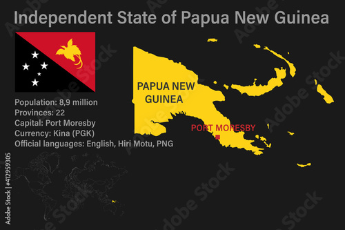 Highly detailed Papua New Guinea map with flag, capital and small map of the world