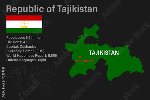 Highly detailed Tajikistan map with flag  capital and small map of the world
