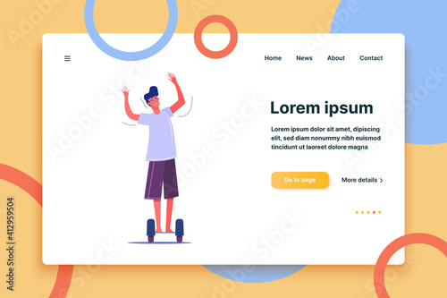 Male character on hoverboard. Young man riding gyro scooter flat vector illustration. Alternative urban transportation concept for banner, website design or landing web page