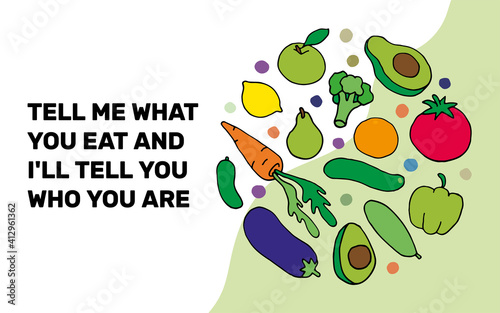 Horizontal banner with Fruits and Vegetables drawing in the colored Doodle style. Suitable for websites, covers, menus. Tell me what you eat and i'll tell you who are you. Vector EPS 10