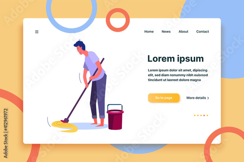 Man cleaning floor with mop. Washing floor flat vector illustration. Housework, domestic routine concept for banner, website design or landing web page photo