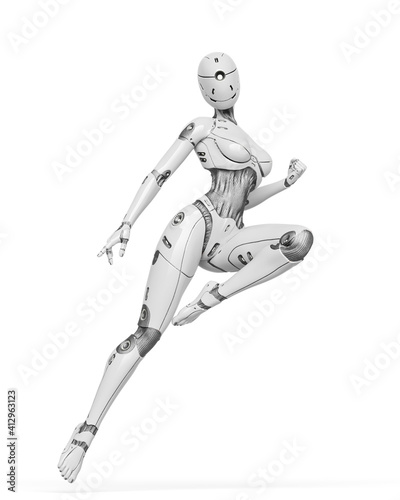 gynoid is the super fembot is doing a comic action pose in white background