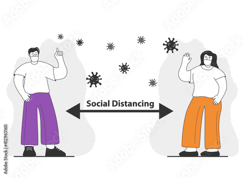 Man and woman wearing surgical mask.Social distancing to prevent coronavirus.Safe space between people.Outline characters vector flat.