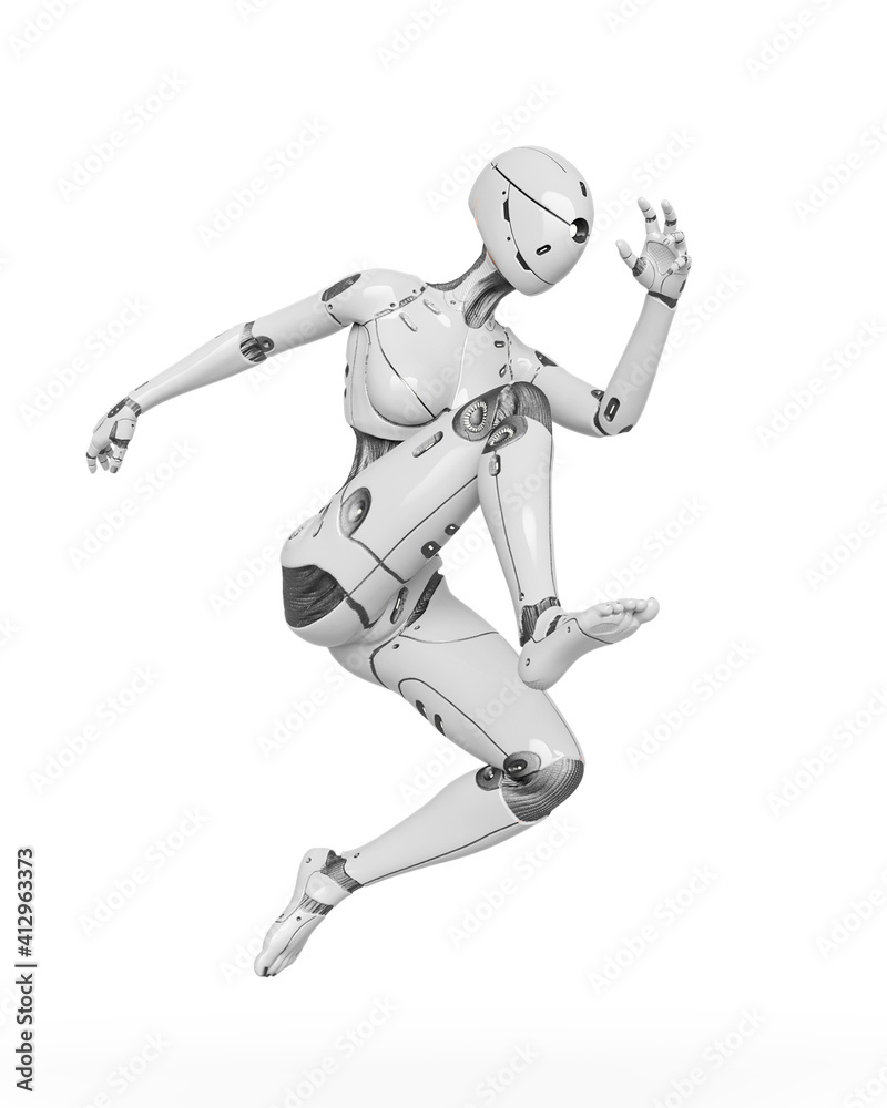 gynoid is the super fembot is jumping in white background gynoid is the super fembot is jumping in white background