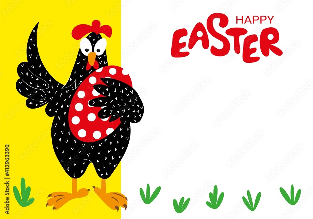 Obraz premium A satisfied black rooster is holding a red egg. Easter card in Scandinavian style. Happy Easter, place for text. Flyer, congratulation, invitation, poster, banner, card, web, packaging.