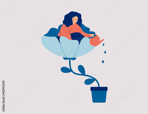 A happy woman sits in the flower and waters it. Smiling girl cares about herself and her future. Concept of love yourself and a healthy lifestyle. Vector illustration.