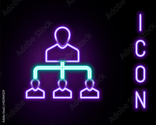 Glowing neon line Referral marketing icon isolated on black background. Network marketing, business partnership, referral program strategy. Colorful outline concept. Vector.