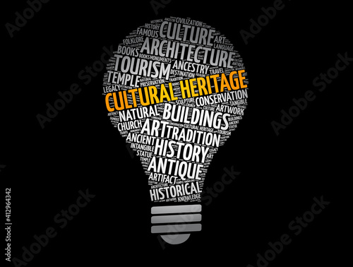 Cultural heritage light bulb word cloud, concept background