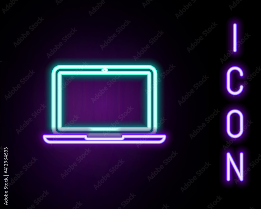 Glowing neon line Laptop icon isolated on black background. Computer notebook with empty screen sign. Colorful outline concept. Vector. Glowing neon line Laptop icon isolated on black background. Computer notebook with empty screen sign. Colorful outline concept. Vector.
