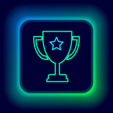 Glowing neon line Trophy cup icon isolated on black background. Award symbol. Champion cup icon. Colorful outline concept. Vector.