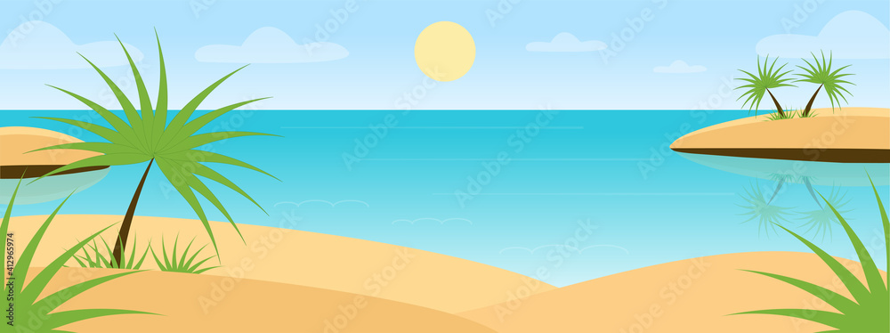 Tropical background. Panorama of a tropical sandy beach, ocean coast with palm trees and islands. Vector image in a flat style. Banner.